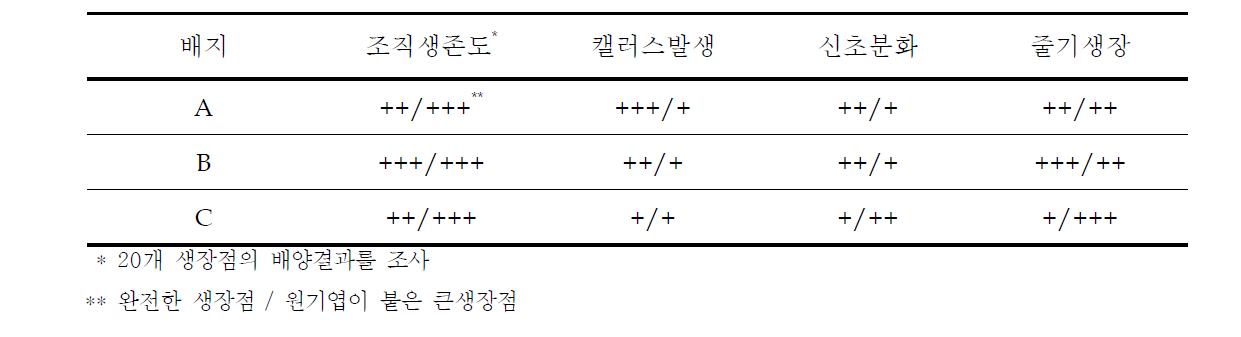 생장점의 크기별 배양에 대한 배지조성의 효과