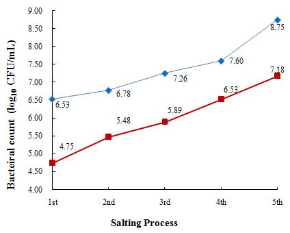 Changes of total bacteria counts in Chinese cabbag during 5 times recycling of brine