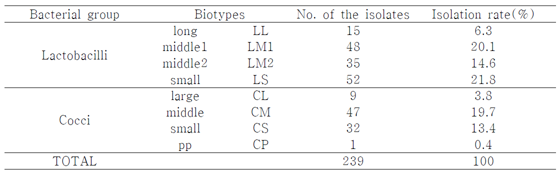 Total number and the isolation rate of LAB from various fermented food by morphological observation.