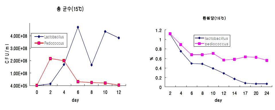 15℃에서 배추즙 발효 중 총균수와 환원당 변화