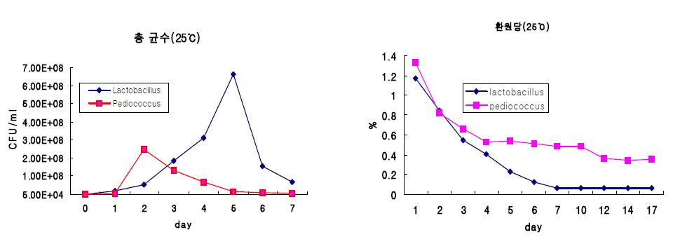 25℃에서 배추즙 발효 중 총균수와 환원당 변화