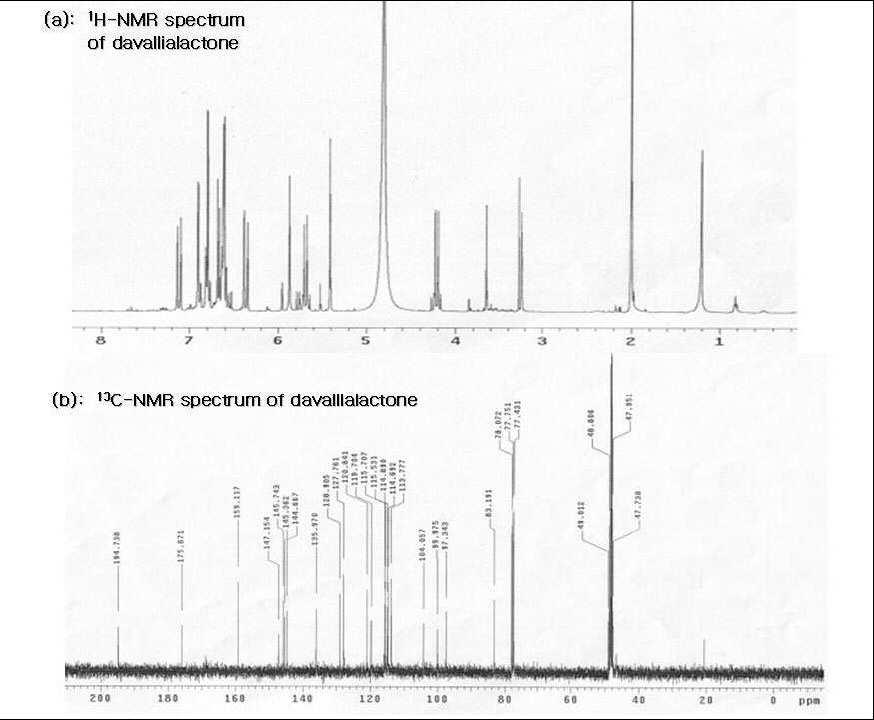 Davallialactone의 1H NMR 및 13C NMR spectrum.