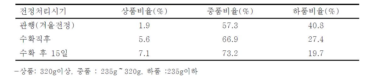 가을전정처리에 따른 상품과율 비교