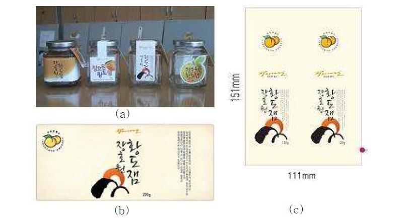 (a) 사각병을 기준으로 만들어진 잼 라벨 디자인 시안 4종, (b) 육각병에 맞춰새로 조정된 라벨 디자인, (c) 튜브 형태에 맞는 포장 디자인