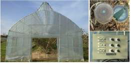 Rainfall protected poly-vinyl house for soil moisture treatments.