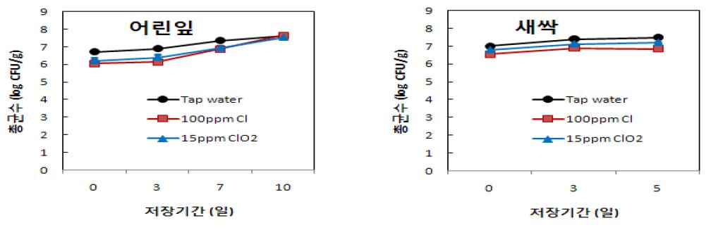 살균소독제 처리별 어린잎, 새싹채소 저장 중 총균수 변화