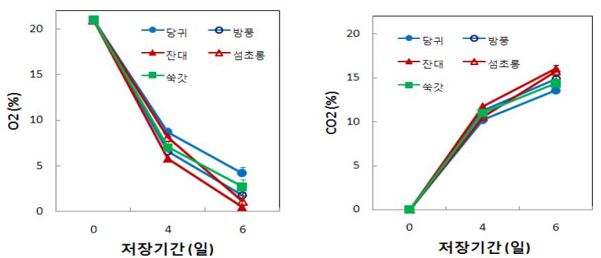 약초 샐러드 저장 중 포장내부의 기체조성