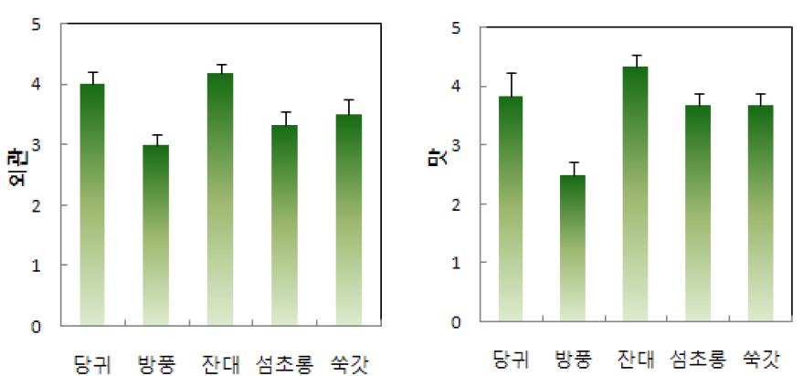 약초 샐러드 저장 4일 후 기호성(외관, 맛)