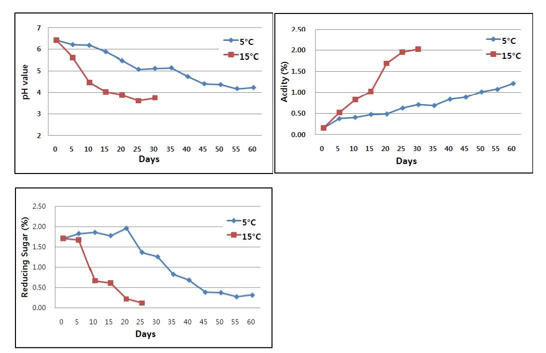 민들레 김치의 저장온도 및 저장기간 에 따른 pH, 산도, 환원당의 변화