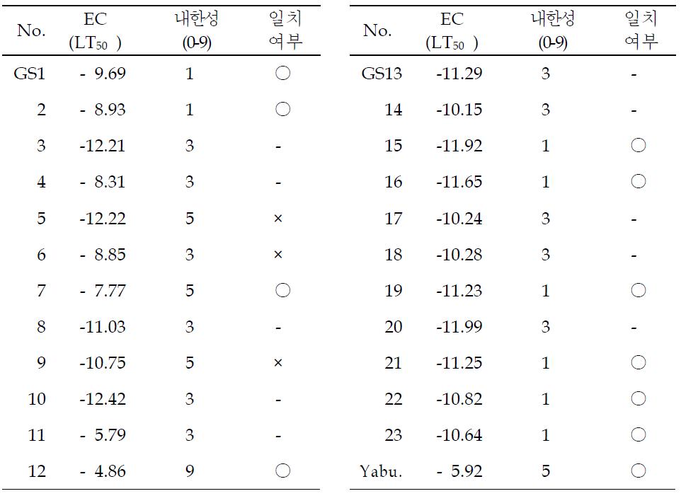 실내 내동성 검정과 포장에서의 내한성 일치여부 비교