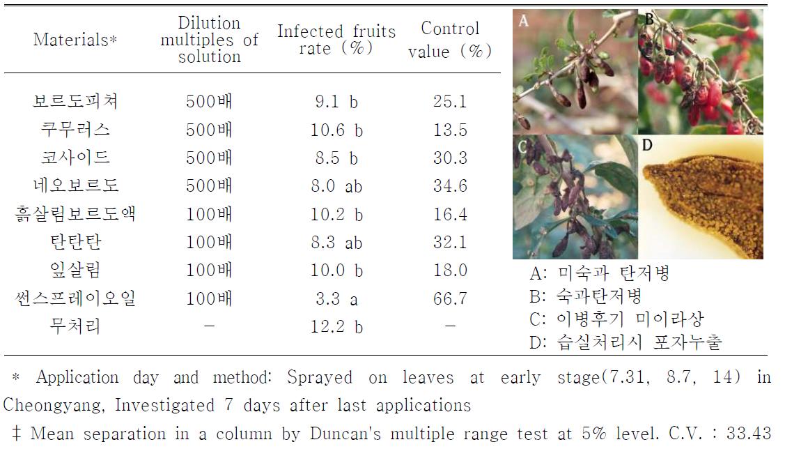 친환경제제를 이용한 구기자 탄저병 방제효과