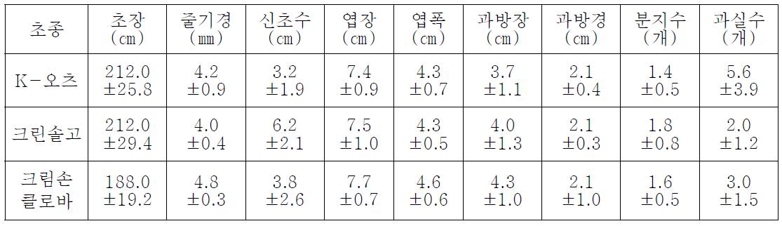 초종별 오미자 생육상황(2년차)