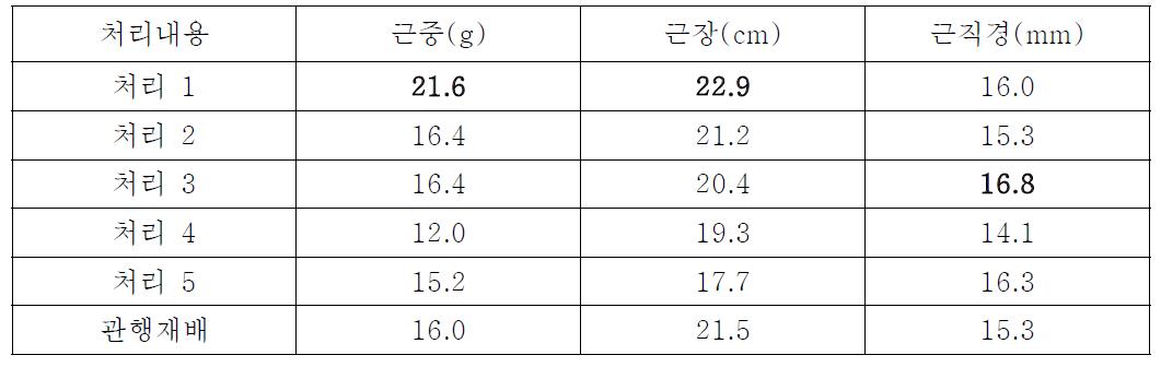 친환경자재 처리에 따른 지하부 생육(3년근)