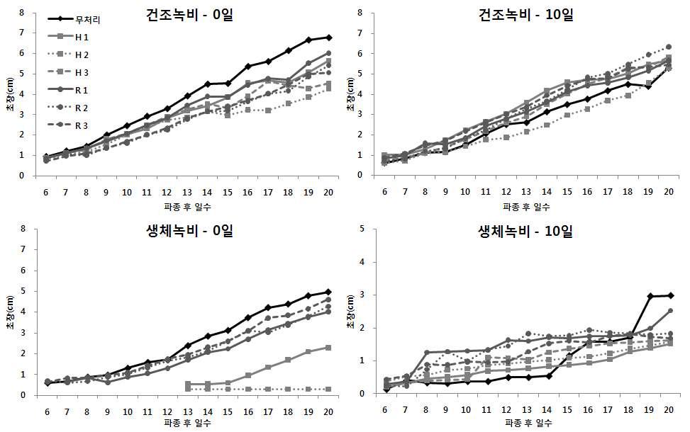 건조와 생체녹비처리에 따른 파종시기별 따른 황기의 초장변화