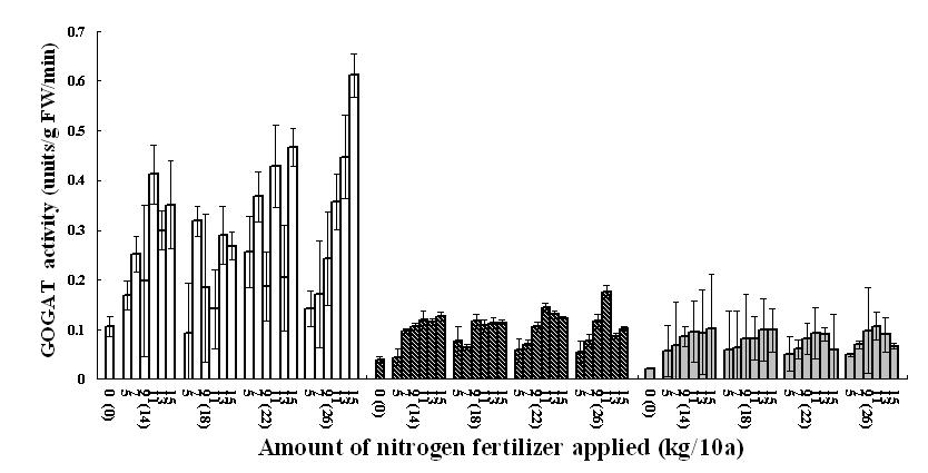 Glutamate synthase (GOGAT) activity in the leaves of rice plants for the three vegetativestages to which nitrogen fertilizer was applied at various levels in the field where produced by applying nitrogen fertilizer at various levels in the previous season.
