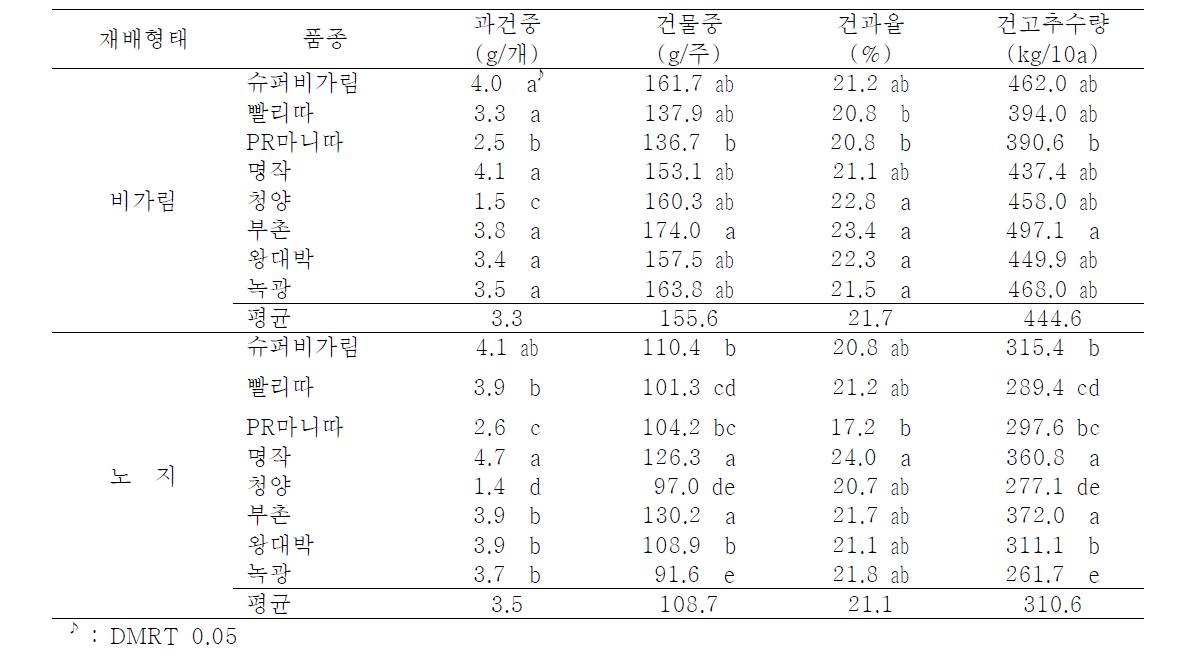 재배형태별 건과중 및 건고추 수량