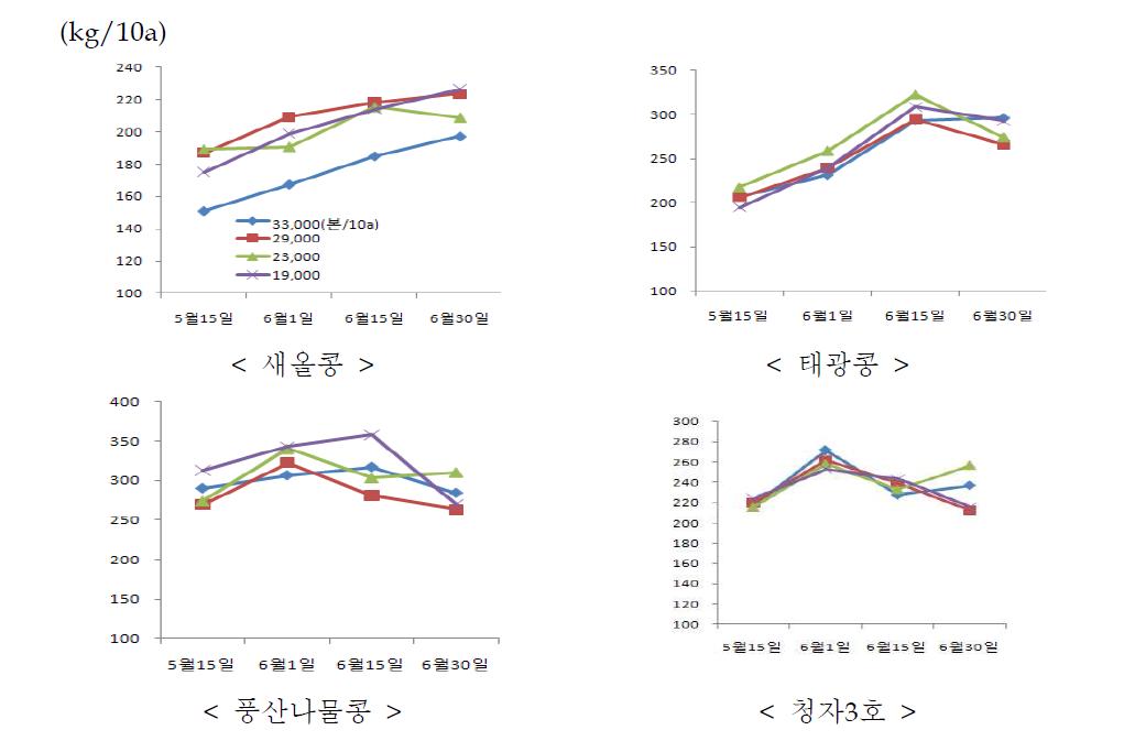 품종별 파종기 및 재식밀도에 따른 수량성