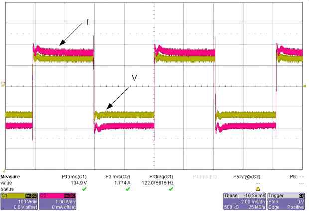 정 출력시 전압 전류 파형 (100V,1A / 2ms div.)