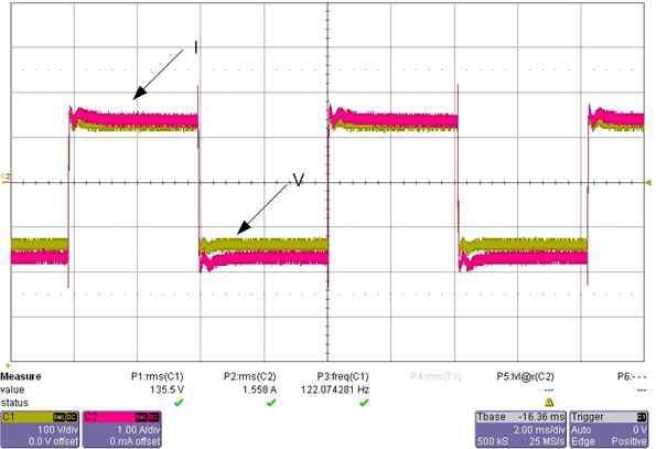 75% 조도시 전압 전류 파형 (100V,1A / 2ms div.)
