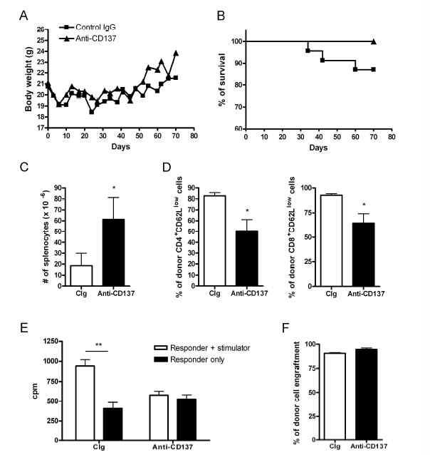 Preconditioning with anti-CD137 mAbs inhibits GVHD.