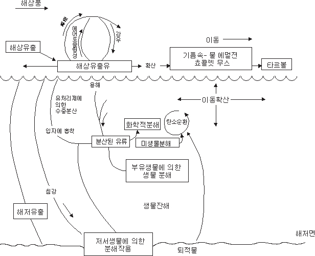 그림 3-1-1. 바다에서의 유출유의 물리, 화학, 생물학적 분해과정