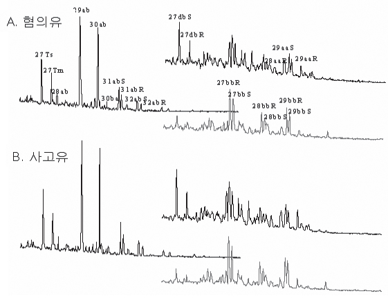 그림 3-2-14. 사고유와 양식장에서 대표적으로 나타난 바이오마커화합물의 크로마토그램