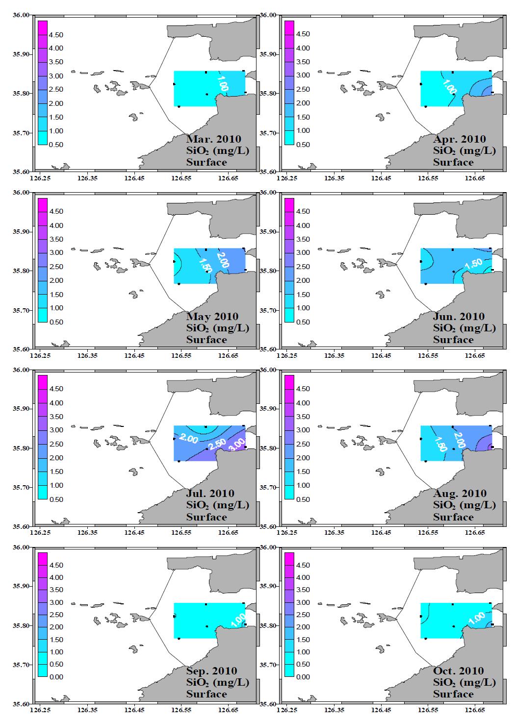 새만금호의 표층수 중 SiO2-Si의 수평농도 분포