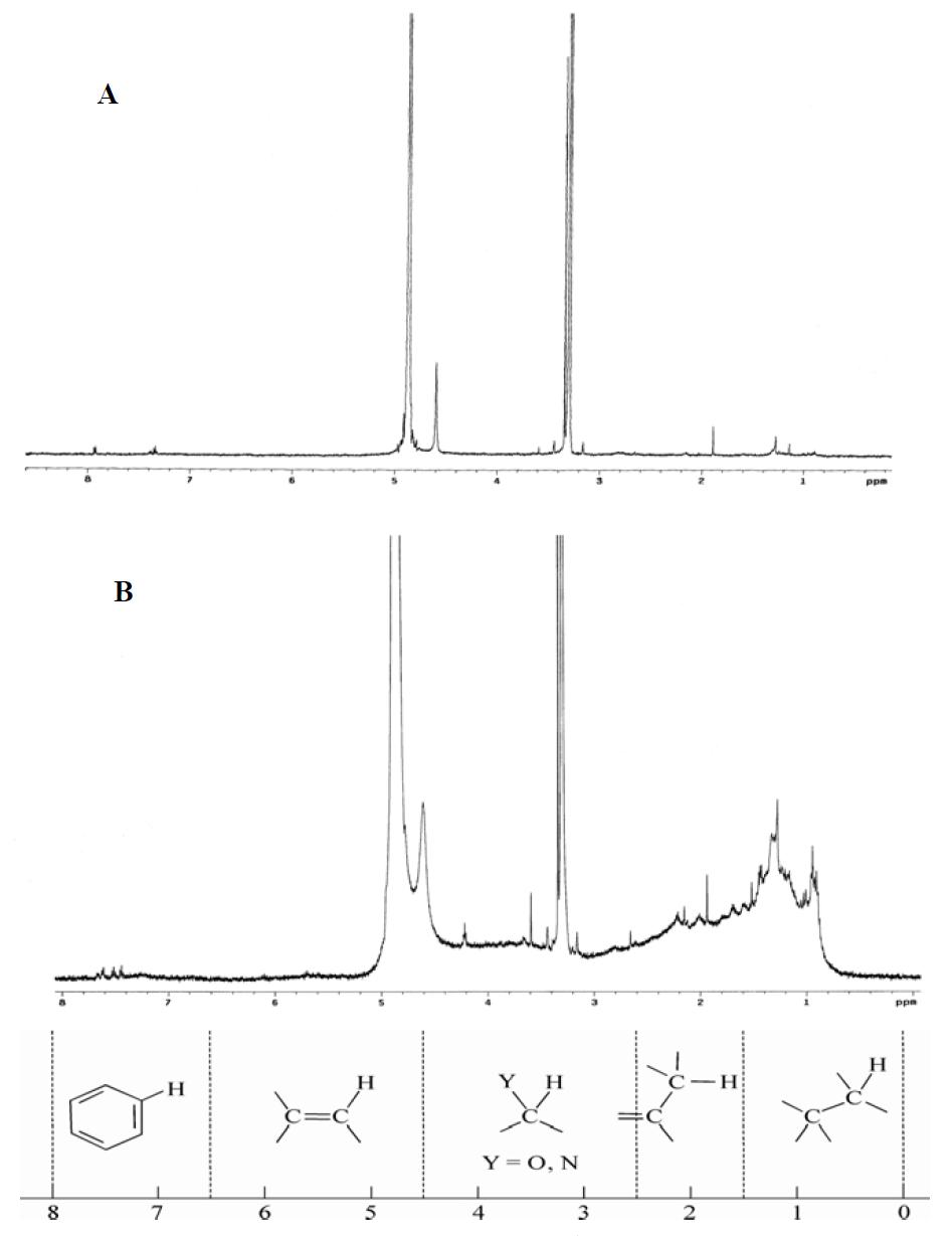 새만금호의 해수 내 용존물질의 H1 NMR spectrum (A: resin blank, B: sample)