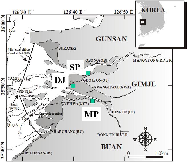새만금호 내 시추퇴적물과 표층퇴적물의 채취 장소