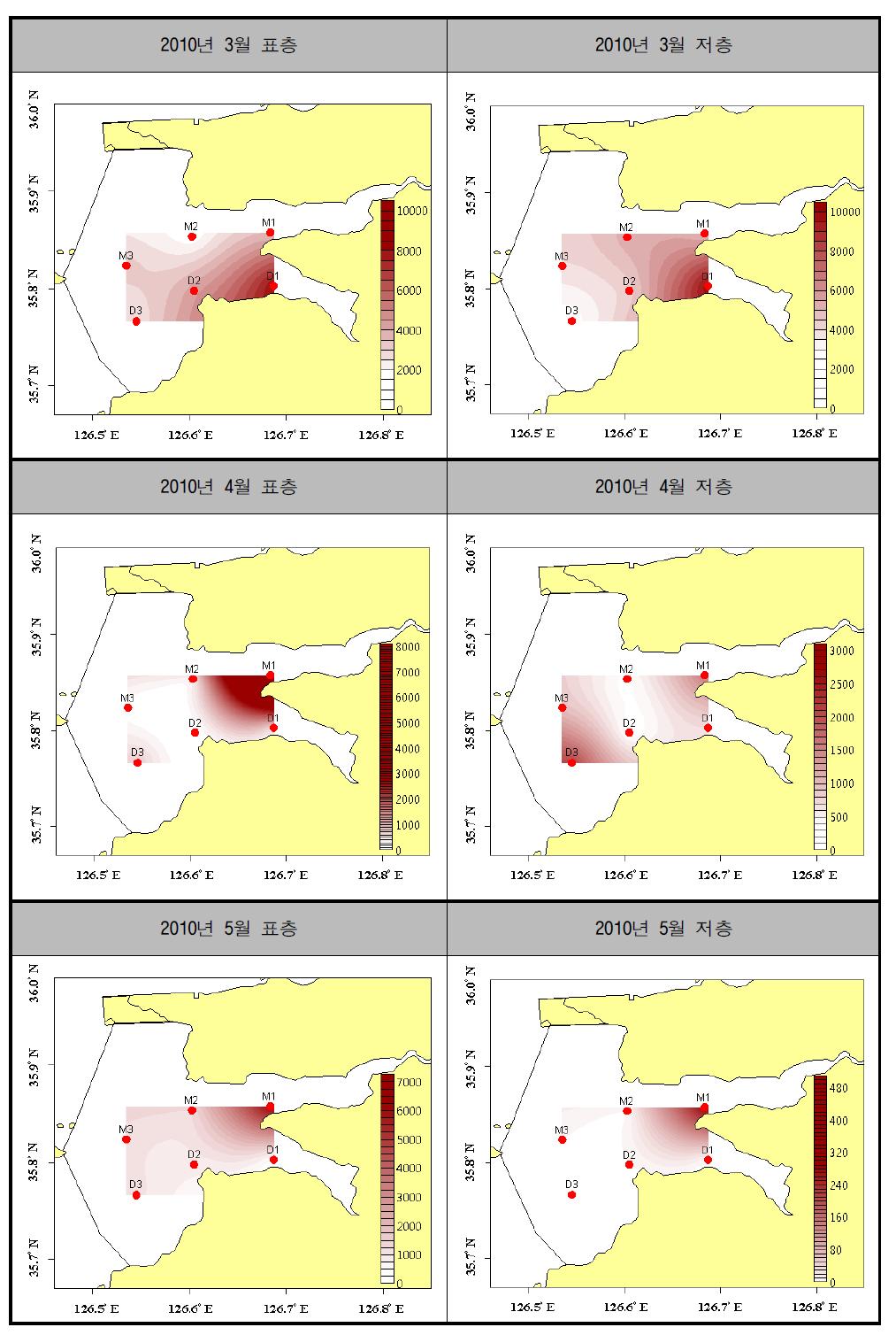 3월, 4월, 5월 수층별 식물플랑크톤 공간적인 분포도