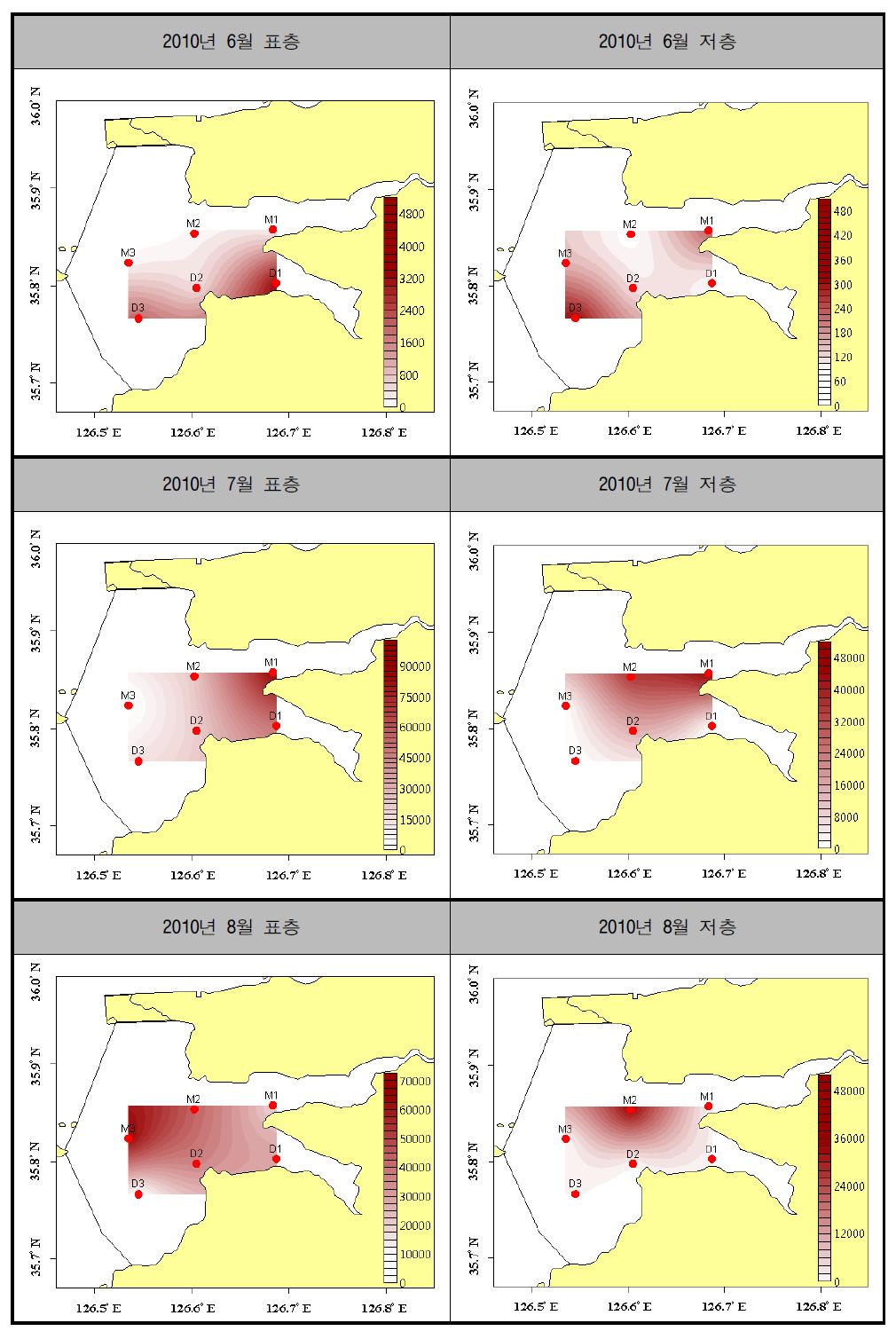 6월, 7월, 8월 수층별 식물플랑크톤 공간적인 분포도