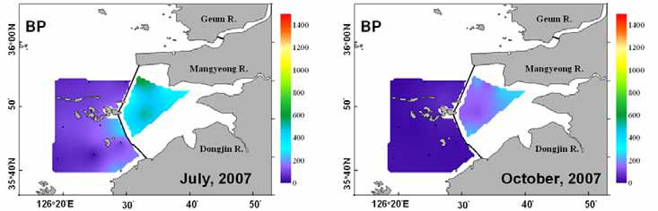 2007년 새만금수역의 박테리아 생산력 분포