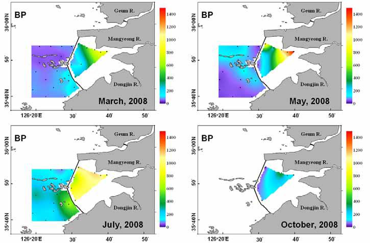 2008년 새만금수역의 박테리아 생산력 분포