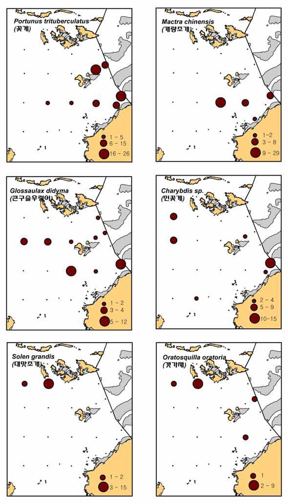 새만금 1,2호 방조제 전면 해역과 비안도 주변 해역의 주요 유용생물의 출현량 분포