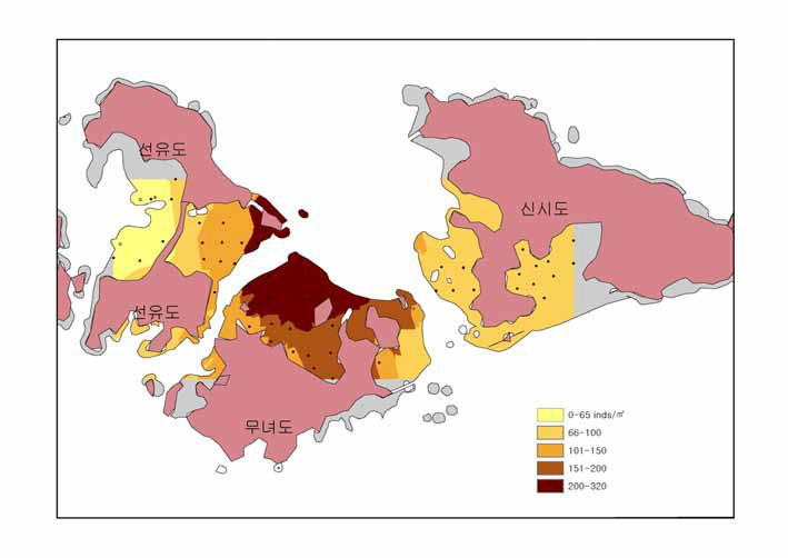 고군산군도 갯벌의 유용패류 서식밀도 분포