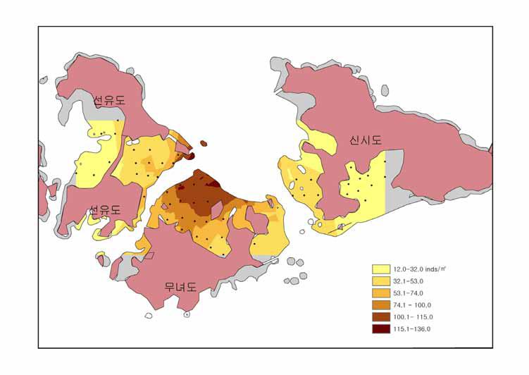 고군산군도 갯벌의 굴 서식밀도 분포도