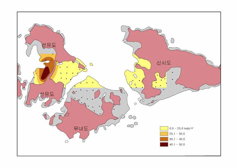 고군산군도 갯벌의 맛조개 현존량 (개체수) 분포도