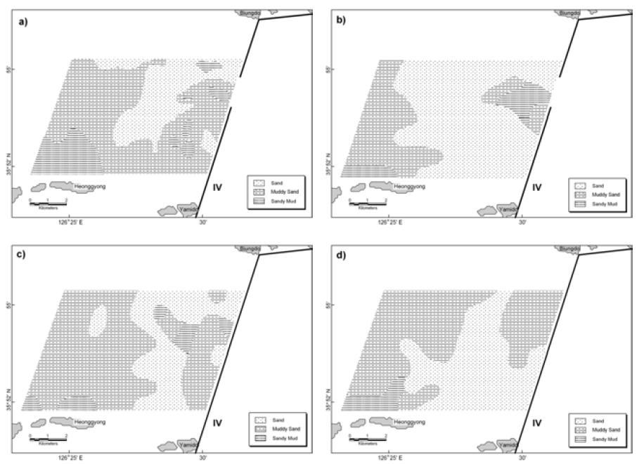 4호 방조제 외해역의 표층 퇴적상 분포. a) 2002년 9월. b) 2005년 3월. c) 2007년 5월. d)2008년 6월