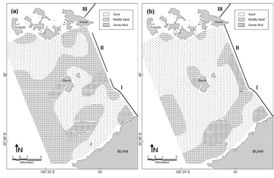 1, 2호 방조제 외해역의 표층 퇴적상 분포. (a) 2003년 5월. (b) 2006년 3월