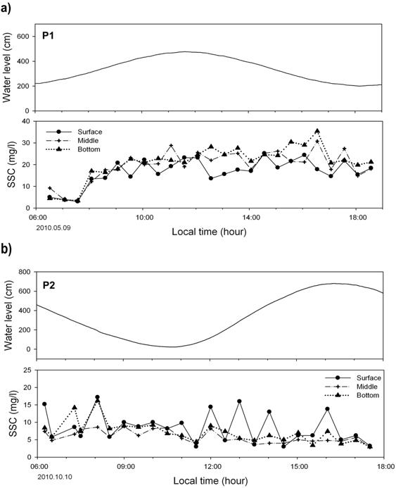 고군산군도 입구에서 a) 2010년 5월(P1)과 b) 2010년 10월(P2)에 조사정점에서 관측된 해수시료의 부유물질 농도