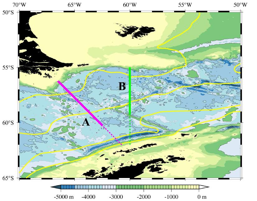 드레이크 해협을 통과하는 수송량 계산을 위한 단면 위치와 지형도.