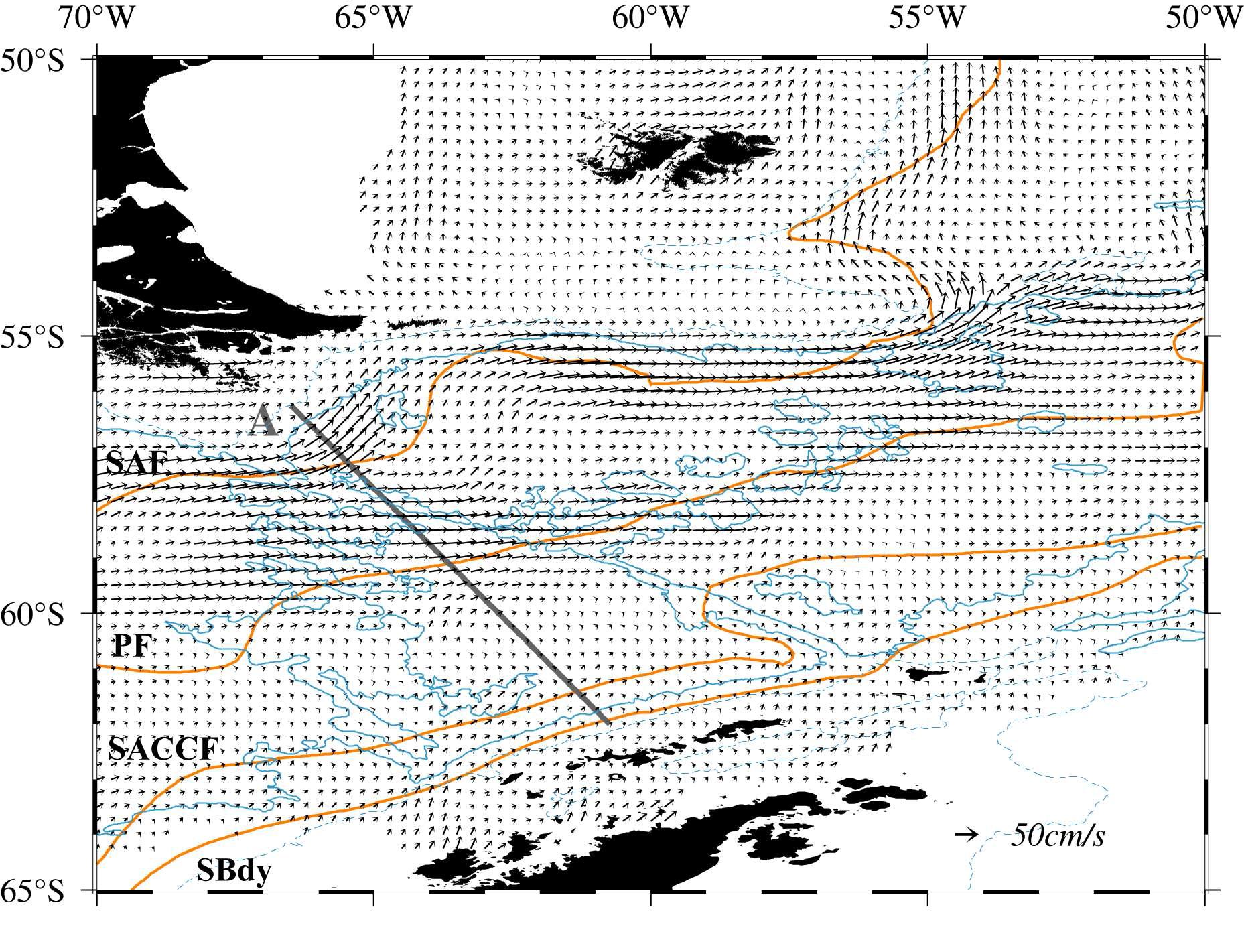 Mean surface velocity field estimated from satellite altimetry. Fronts and bathymetry contour are presented by orange and blue lines, respectively. Section A to compute transport is marked by thick straight lines.
