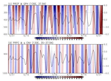 High-frequency component of precipitations (line), (a and c) GPH anomalies (red/blue shading: positive/negative) at 200-600 hPa, and (b and d) low-level (850-1000 hPa) moisture convergence anomalies (shading) in the high-frequency component in Korea (130°E, 37.5°N). Panels (a and b) are for PRE years and (c and d) for POS years. The right axis denotes the precipitation scale (mm/day).