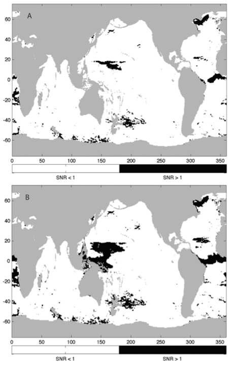 Map of SNR between the secular trend and background noise: (a) SNR computed solely using least squares and (b) SNR from least squares incorporating CSEOF analysis. White represents areas in which the SNR is less than 1, while black shows where the SNR is greater than 1.