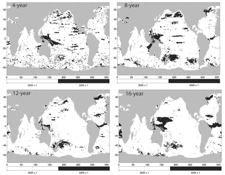 Maps of SNR computed using varying lengths of original time series: (top left) SNR for first 4 years of data, (top right) SNR for first 8 years of data, (bottom left) data for first 12 years of data, and (bottom right) SNR for the full time series. Percentages of areas with SNR greater than one are 10.4%, 10.5%, 6.8%, and 9.9%, respectively.