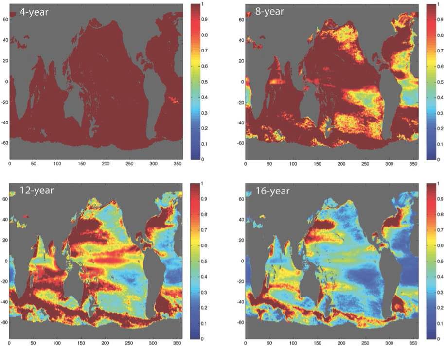 Maps of standard error (mm yr-1) on the estimated linear trend computed using varying lengths of original time series.