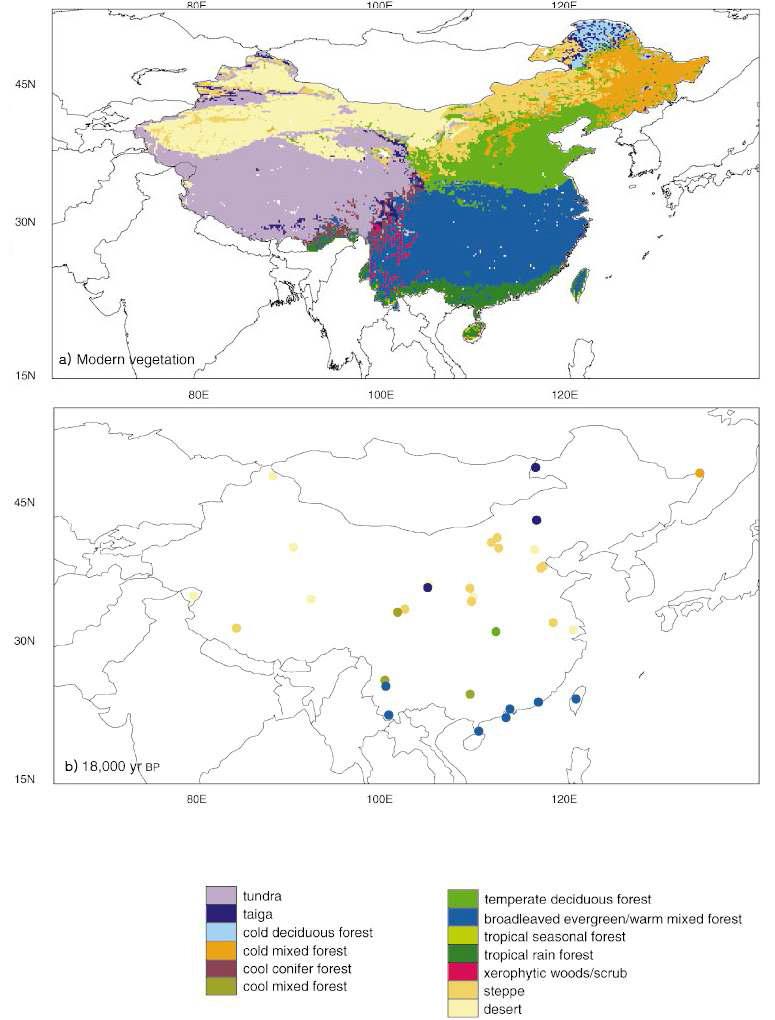 현재와 18,000년 전 중국의 식생분포도