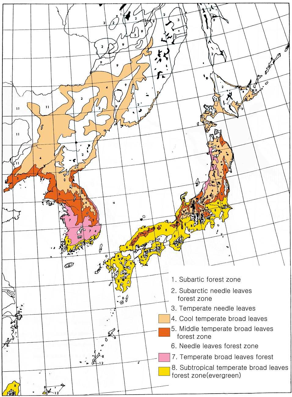 한반도와 일본의 현재 식생분포(那須, 1980)