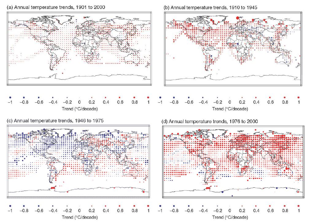 Fig. 4 Annual temperature trends for the periods 1901 to 1999, 1910 to 1945, 1946 to 1975 and 1976 to 1999 respectively. (IPCC, 2007)