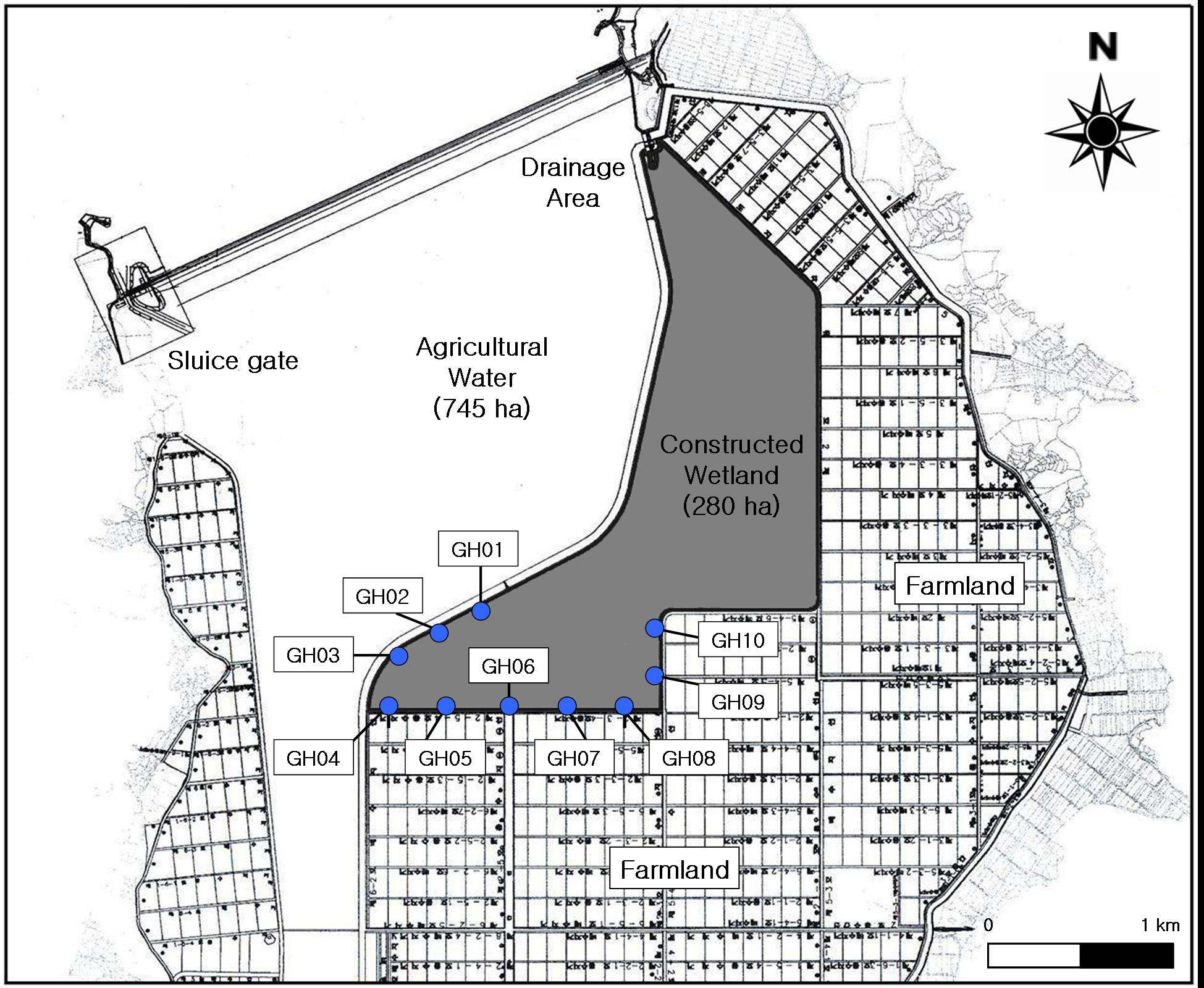 Fig. 10 Location map of sediment sampling in the constructed wetland at the Goheung bay.